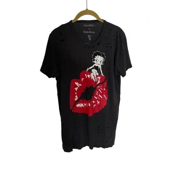 Lauren Moshi Black Tee with White Cartoon Graphic Betty Boop Distressed XS - Picture 1 of 6